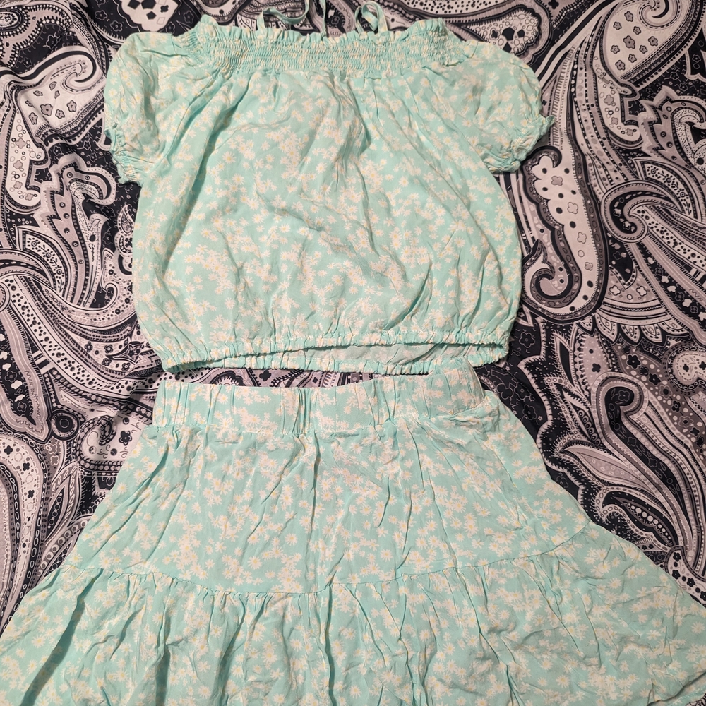 Light Blue Floral Top and Skirt Set